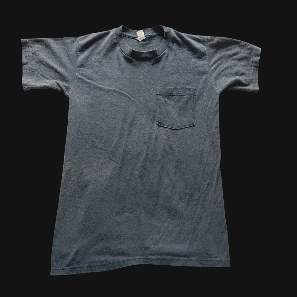 Vintage 70's 50/50 Pocket T-Shirt Faded Black Made in USA Crew Neck M 38-40